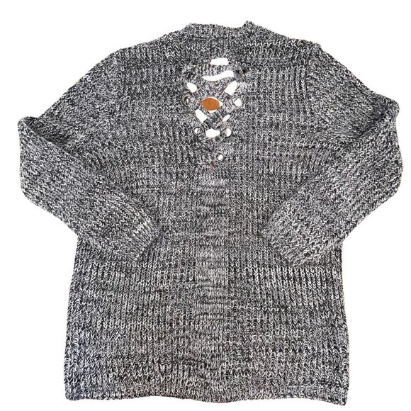 No Boundaries Cardigan Large Black White Cross Cross Marled Open Knit Topper - Picture 6 of 9